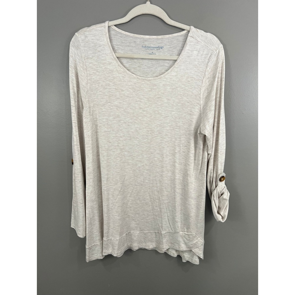 Soft Surroundings Tunic Top Womens M Oatmeal Great Roll Tab Sleeve Rayon Blend
